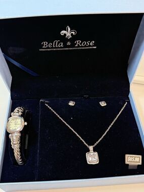 Bella & Rose 3 Piece Earring Necklace Watch Jewelry Set New Working Battery